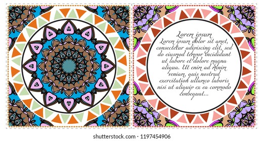 Invitation or Card template with floral mandala pattern. Decorative background for Wedding, greeting cards, Birthday Invitation. The front and rear side.