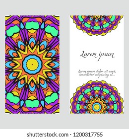 Invitation or Card template with floral mandala pattern. For Wedding, greeting cards, Birthday Invitation. The front and rear side. Vector illustration