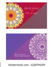 Invitation or Card template with floral mandala pattern. For Wedding, greeting cards, Birthday Invitation. The front and rear side. Vector illustration.
