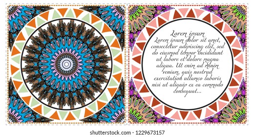 Invitation or Card template with floral mandala pattern. Decorative background for Wedding, greeting cards, Birthday Invitation. The front and rear side