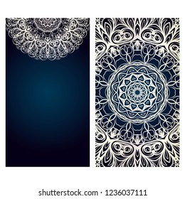 Invitation or Card template with floral mandala pattern. For Wedding, greeting cards, Birthday Invitation. The front and rear side. Vector illustration.