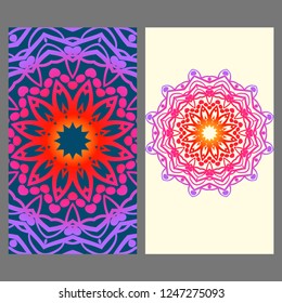 Invitation or Card template with floral mandala pattern. Decorative background for Wedding, greeting cards, Birthday Invitation. The front and rear side