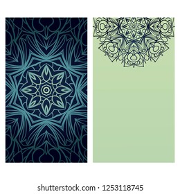 Invitation or Card template with floral mandala pattern. For Wedding, greeting cards, Birthday Invitation. The front and rear side. Vector illustration.