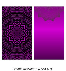 Invitation Or Card Template With Floral Mandala Pattern. For Wedding, Greeting Cards, Birthday Invitation. The Front And Rear Side. Vector Illustration. Dark purple color.