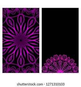 Invitation Or Card Template With Floral Mandala Pattern. For Wedding, Greeting Cards, Birthday Invitation. The Front And Rear Side. Vector Illustration. Dark purple color.