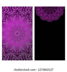 Invitation Or Card Template With Floral Mandala Pattern. For Wedding, Greeting Cards, Birthday Invitation. The Front And Rear Side. Vector Illustration. Dark purple color.