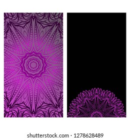 Invitation Or Card Template With Floral Mandala Pattern. For Wedding, Greeting Cards, Birthday Invitation. The Front And Rear Side. Vector Illustration. Dark purple color.