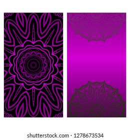Invitation Or Card Template With Floral Mandala Pattern. For Wedding, Greeting Cards, Birthday Invitation. The Front And Rear Side. Vector Illustration. Dark purple color.