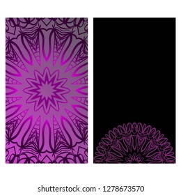 Invitation Or Card Template With Floral Mandala Pattern. For Wedding, Greeting Cards, Birthday Invitation. The Front And Rear Side. Vector Illustration. Dark purple color.