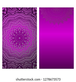 Invitation Or Card Template With Floral Mandala Pattern. For Wedding, Greeting Cards, Birthday Invitation. The Front And Rear Side. Vector Illustration. Dark purple color.