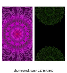Invitation Or Card Template With Floral Mandala Pattern. For Wedding, Greeting Cards, Birthday Invitation. The Front And Rear Side. Vector Illustration. Dark purple color.