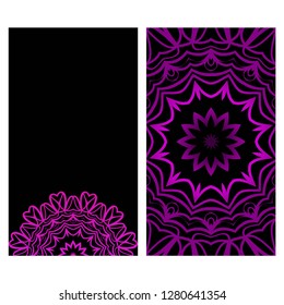 Invitation Or Card Template With Floral Mandala Pattern. For Wedding, Greeting Cards, Birthday Invitation. The Front And Rear Side. Vector Illustration. Dark purple color.