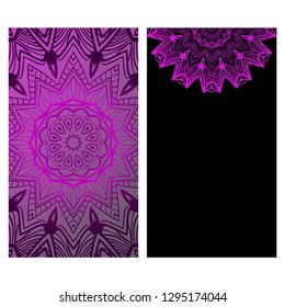 Invitation Or Card Template With Floral Mandala Pattern. For Wedding, Greeting Cards, Birthday Invitation. The Front And Rear Side. Vector Illustration. Dark purple color.