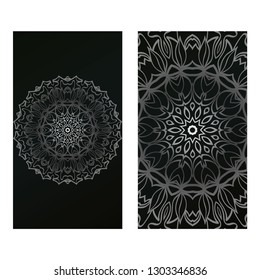 Invitation Or Card Template With Floral Mandala Pattern. For Wedding, Greeting Cards, Birthday Invitation. The Front And Rear Side. Vector Illustration. Silver black color.