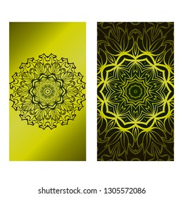 Invitation Or Card Template With Floral Mandala Pattern. Decorative Background For Wedding, Greeting Cards, Birthday Invitation. The Front And Rear Side. Green olive gradient color.