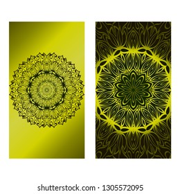 Invitation Or Card Template With Floral Mandala Pattern. Decorative Background For Wedding, Greeting Cards, Birthday Invitation. The Front And Rear Side. Green olive gradient color.
