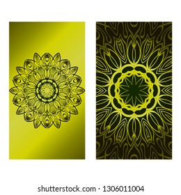 Invitation Or Card Template With Floral Mandala Pattern. Decorative Background For Wedding, Greeting Cards, Birthday Invitation. The Front And Rear Side. Green olive gradient color.