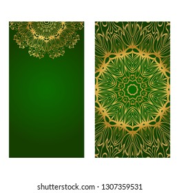Invitation Or Card Template With Floral Mandala Pattern. Decorative Background For Wedding, Greeting Cards, Birthday Invitation. The Front And Rear Side. Green gold color.