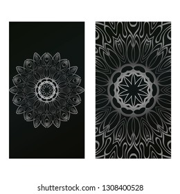 Invitation Or Card Template With Floral Mandala Pattern. For Wedding, Greeting Cards, Birthday Invitation. The Front And Rear Side. Vector Illustration. Silver black color.