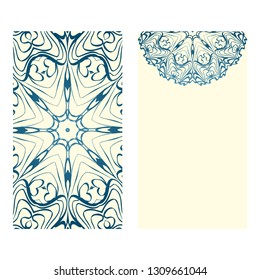 Invitation Or Card Template With Floral Mandala Pattern. Decorative Background For Wedding, Greeting Cards, Birthday Invitation. The Front And Rear Side. Milk blue color.