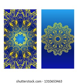 Invitation Or Card Template With Floral Mandala Pattern. The Front And Rear Side. Vector Illustration. Blue yellow color.