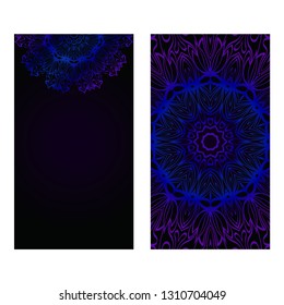 Invitation Or Card Template With Floral Mandala Pattern. The Front And Rear Side. Vector Illustration. Blue color on black background.