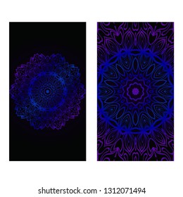 Invitation Or Card Template With Floral Mandala Pattern. The Front And Rear Side. Vector Illustration. Blue color on black background.