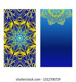 Invitation Or Card Template With Floral Mandala Pattern. The Front And Rear Side. Vector Illustration. Blue yellow color.