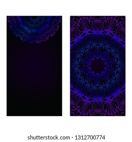 Invitation Or Card Template With Floral Mandala Pattern. The Front And Rear Side. Vector Illustration. Blue color on black background.