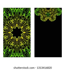 Invitation Or Card Template With Floral Mandala Pattern. Decorative Background For Wedding, Greeting Cards, Birthday Invitation. The Front And Rear Side. Black green color.