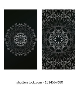 Invitation Or Card Template With Floral Mandala Pattern. For Wedding, Greeting Cards, Birthday Invitation. The Front And Rear Side. Vector Illustration. Silver black color.