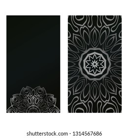 Invitation Or Card Template With Floral Mandala Pattern. For Wedding, Greeting Cards, Birthday Invitation. The Front And Rear Side. Vector Illustration. Silver black color.