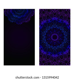 Invitation Or Card Template With Floral Mandala Pattern. The Front And Rear Side. Vector Illustration. Blue color on black background.