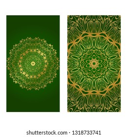 Invitation Or Card Template With Floral Mandala Pattern. Decorative Background For Wedding, Greeting Cards, Birthday Invitation. The Front And Rear Side. Green gold color.