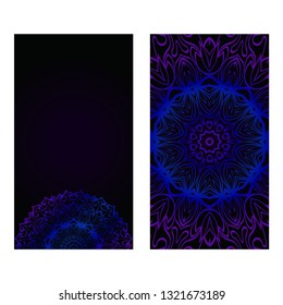 Invitation Or Card Template With Floral Mandala Pattern. The Front And Rear Side. Vector Illustration. Blue color on black background.