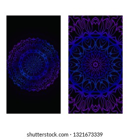Invitation Or Card Template With Floral Mandala Pattern. The Front And Rear Side. Vector Illustration. Blue color on black background.