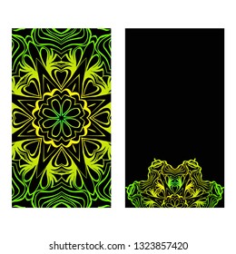Invitation Or Card Template With Floral Mandala Pattern. Decorative Background For Wedding, Greeting Cards, Birthday Invitation. The Front And Rear Side. Black green color.