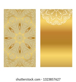 Invitation Or Card Template With Floral Mandala Pattern. For Wedding, Greeting Cards, Birthday Invitation. The Front And Rear Side. Vector Illustration. Gold color.