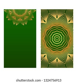Invitation Or Card Template With Floral Mandala Pattern. For Wedding, Greeting Cards, Birthday Invitation. The Front And Rear Side. Vector Illustration. Green gold color.