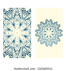 Invitation Or Card Template With Floral Mandala Pattern. Decorative Background For Wedding, Greeting Cards, Birthday Invitation. The Front And Rear Side. Milk blue color.