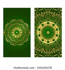 Invitation Or Card Template With Floral Mandala Pattern. Decorative Background For Wedding, Greeting Cards, Birthday Invitation. The Front And Rear Side. Green gold color.