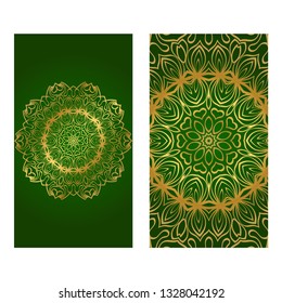 Invitation Or Card Template With Floral Mandala Pattern. Decorative Background For Wedding, Greeting Cards, Birthday Invitation. The Front And Rear Side. Green gold color.