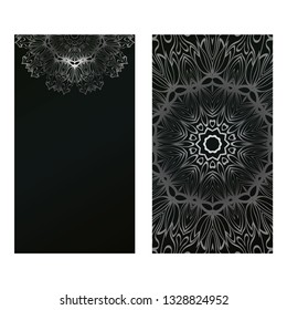Invitation Or Card Template With Floral Mandala Pattern. For Wedding, Greeting Cards, Birthday Invitation. The Front And Rear Side. Vector Illustration. Silver black color.