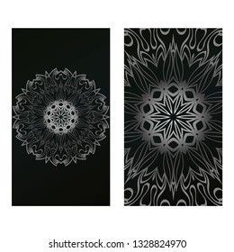 Invitation Or Card Template With Floral Mandala Pattern. For Wedding, Greeting Cards, Birthday Invitation. The Front And Rear Side. Vector Illustration. Silver black color.