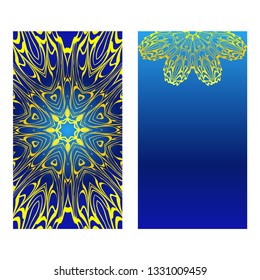Invitation Or Card Template With Floral Mandala Pattern. The Front And Rear Side. Vector Illustration. Blue yellow color.
