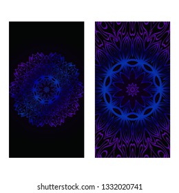 Invitation Or Card Template With Floral Mandala Pattern. The Front And Rear Side. Vector Illustration. Blue color on black background.