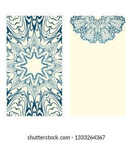 Invitation Or Card Template With Floral Mandala Pattern. Decorative Background For Wedding, Greeting Cards, Birthday Invitation. The Front And Rear Side. Milk blue color.