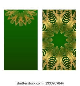 Invitation Or Card Template With Floral Mandala Pattern. For Wedding, Greeting Cards, Birthday Invitation. The Front And Rear Side. Vector Illustration. Green gold color.