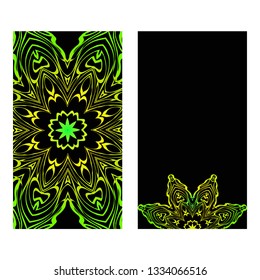 Invitation Or Card Template With Floral Mandala Pattern. Decorative Background For Wedding, Greeting Cards, Birthday Invitation. The Front And Rear Side. Black green color.