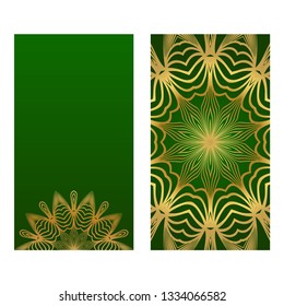 Invitation Or Card Template With Floral Mandala Pattern. For Wedding, Greeting Cards, Birthday Invitation. The Front And Rear Side. Vector Illustration. Green gold color.